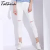 White Skinny Dżinsy Kobieta z otworami Slim Ołówek Dżinsowy Spodnie Ripped Dla Kobiet Wysoka Talia Stretch Capris Damskie Jean Femme 210514