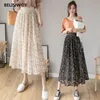 Sommar kjolar streetwear kvinna vintage bohemian blommig tryckta chiffon pläterad elastisk hög midja midi för kvinnor 210520