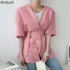 Summer Korean Fashion Women Jacket Short Sleeve V-neck Bandage Tops Pink Coat Casual Solid Ladies Outwear 210519