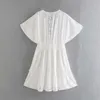 Mulheres Vestidos Branco Ruffle Bordado Mulher Africano Manga Curta Elegante Cutwork Mini Ladies Elastic Waist 210430