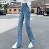 Im Frühlings- und Herbstzeitraum zeigen die Han-Ausgabe-Trends dünne, geteilte L-Jeans, um die alten Wege der Jeans mit hoher Taille wiederherzustellen 210429