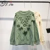 Frauen Winter Pullover Oneck Rüschen Tassle Pull Pullover Tops Grün Gelb Stricken Hässliche Pullover Weihnachten Pullover 210430