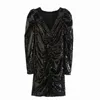 Vestido de festa de lantejoula preto mulheres inverno ruched glitter manga longa mini sexy es senhoras sparkly vintage 210519