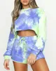 Autumn Long-Sleeved Tie-Dye O-Neck Home Casual Short Tops and shorts Women Two Piece outfits Suit set womens clothing 210508
