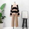 2021 2PCS Set Women Knitted Pullovers Sweater Halter Stripe Knit Jumper Tops + Wide Leg Long Pants Suits Tracksuits Women Outfit Y0625