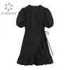 V Pescoço Preto Mini Dress Mulheres Cintura Alta Magro Lace-Up Pufão Manga Curta Elegante Colheita Frocks E-Girl Estética Sexy Vestidos Lady 210515