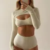 Seksi Örme Balıkçı Yaka Kısa Üst Kadın Moda Uzun Kollu Streetwear Tişörtleri Beyaz Tees 210430