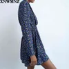 women printed dress with shoulder pads Short surplice neckline Long sleeves invisible zips Elastic waist 0003313 210520