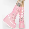 Boots Gothic Punk Style Womens Platform Short Heart-shaped Buckle Strap Mid Calf Wedge Super High Heel Female Shoes