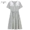 Mori Girl Sweet Summer Women Dresses Vintage Green Plaid Printed Navy Collar Cotton Linen Midi Dress Femininos Vestidos 210520