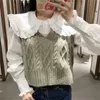 ビンテージケーブルニットセーターベスト女性秋VネックノースリーブトリミングニットカジュアルファッションレディースSweatervest 210519