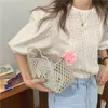 Aprikose Französisch aushöhlen Sommer Haken Blumen Retro Slim Femme süße lose stilvolle schicke Blusen Tops Shirts 210525