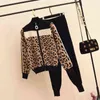 Jesień Winter Dress Women Leopard Print Zipper Cardigans Spodnie 2 sztuk Moda Hit Kolor Slim Jumper Spodnie Zestaw 211105