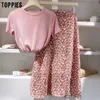 Toppies zomer schattige roze set vrouwen twee stukken set casual katoen linnen slanke t-shirts Hoge taille rokken 210708