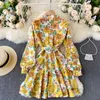 Spring Fashion Women Lapel Slim Elegant Print Short A-line Dress Lady Vintage Clothes Vestidos R031 210527