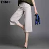 Linen cotton wide leg pants loose solid high waist Plus size S-4XL white black gray casual calf length pants female summer 210519