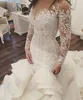 Mermaid Gelinlik Varış Dantel Uzun Kollu Müslüman Vestido De Noiva Romantik Aplikler Ruffles Abiye