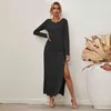 Fashion Autumn Casual Sexy long Dress for womens Spring Solid color sleeve o neck button slit dress female High street 210508