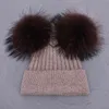 Real Raccoon Pompom Women Winter Caps Knitted Wool s Skullies Beanies Girls Female Two Fur Pom Beanie Hat