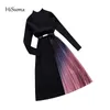 2021 Spring Autumn New Women O-Neck Long Sleeve Knitted With Chiffon Pleated Dress Female Chic Elegant Sweater Dresses X0521