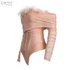 Winter Women Pink Feathers Off Shoulder Bandage Bikini Bodysuits Sexy Long Sleeve Club Party Bodycon Rompers 210423