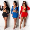 Einfarbig tiefem V-Ausschnitt Langarm Bandage Crop Top Tunika Mini Bodycon Kleider Sexy Party und Hochzeit Frauen Sets mit Röcken 210525