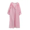 PERHAPS U Pink Blue V Neck 3/4 Puff Sleeve Plaid Midi Dress Loose Casual D0620 210529