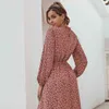 Elegante Damen Blumendruck Kleid Frauen Herbst Winter Langarm Boho Rot Midi Büro Lady Vestidos 210427