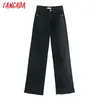 Tangada moda mujer cintura alta negro pantalones vaqueros largos pantalones bolsillos botones mujer denim 4M63 210922