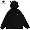 Aolamegs Felpe con cappuccio Uomo Twist Knitting Demon Horns Tinta unita Cerniera Cappotti Soft Cosy Hipster Top Hip Hop Loose Casual Streetwear 211014