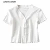 70年代ビンテージVネック半袖ティーベースTシャツクールガールシングルブレストボタンTシャツクロップトップホワイト5色210429