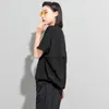 [EAM] Camiseta larga negra de talla grande con cordón empalmado en la espalda para mujer, cuello redondo, manga corta, moda Primavera Verano 1DD8086 21512