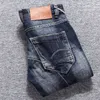 Włoski styl Moda Mężczyźni Dżinsy Disted Dark Blue Splited Designer Ripped Slim Fit Vintage Retro Denim Punk Spodnie
