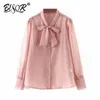 Damska koszula różowa muszka bluzka koreański styl z długim rękawem jesień dama moda topy blusas 210430