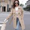 Sping Outono Mulheres Khaki Trench Coat Streetwear Double Breasted Windbreaker Solto Fit Black Ladies Outwear 210430