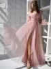 Evening 2022 Pink Dresses Off The Shoulder Long Sleeves A Line Side Slit Floor Length Ruched Pleats Custom Made Prom Party Gowns Vestidos