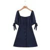 Mode d'été Vintage Style français bleu marine Mini robe femmes décontracté col carré robes femme Streetwear 210508