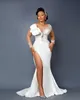 2021 Sexy Aso ebi Mermaid Wedding Detrys Inligusion Neck Lace Crystals Side Split Disachable Train Train Ruffles Bridal D7252339