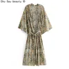 Autumn Boho Style Loose Vintage Print V Neck Lace-Up Flared Sleeve Kimono Long Dress Female Fashion 210508