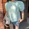 Yitimuceng Green Blouse Women Backless Shirring Oveisize Shirts Puff Sleeve Unicolor Summer Korean Fashion Cut Out Tops 210601