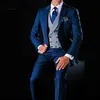 3 Sztuka Groom Tuxedo do ślubu Navy Niebieski Slim Fit Men Garnitury z Notched Lapel Moda Kurtka Moda Szare kamizelka z spodniami X0909