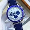 42mm Miyota Quratz Chronograph Mens Watch 310.32.42.50.02.001 Blue Ceramic Bezel White Dial Stainless Steel Bracelet Stopwatch Puretime I11b2