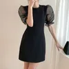 ドレスオフィスレディレトロシックな韓国のスリム首のフレア半袖ブラックオーガンザパッチワークシフォンドレス女性夏のファッション210429
