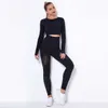 Mesh Sport Outfit för Kvinna 2021 Långärmad Crop Top Leggings Suit för Fitnseamlsportswear Gym Clothing Workout Set XS X0629