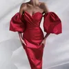 Femmes élégante robe lanterne manches décontracté fraise imprimer Sexy hors épaule fête mi-mollet robe été femme 210514
