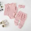 Partihandel Spring Baby Pyjamas 3-st sätter Stickning Waffee Långärmade Bodysuit + Byxor med huvudkläder E010 210610