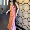 Dress Summer Long Satin Sleeveless Italian Elegant Ladies Fashion Retro Silk V-Neck Ruffles Clothing 210522