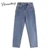 Yitimuceng kedja kvinnor jeans rakt full längd byxor våren hög midja denim bekväma casual kläder mode 210601
