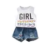 Conjuntos de verano para niños Casual sin mangas Moda letras Tops Loophole Jeans 2 piezas Ropa para niñas 1-7T 210629