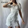 흰색 레이스 여름 드레스 여성 빈티지 퍼프 슬리브 비치 Bodycon 미니 버튼 짧은 면화 210427